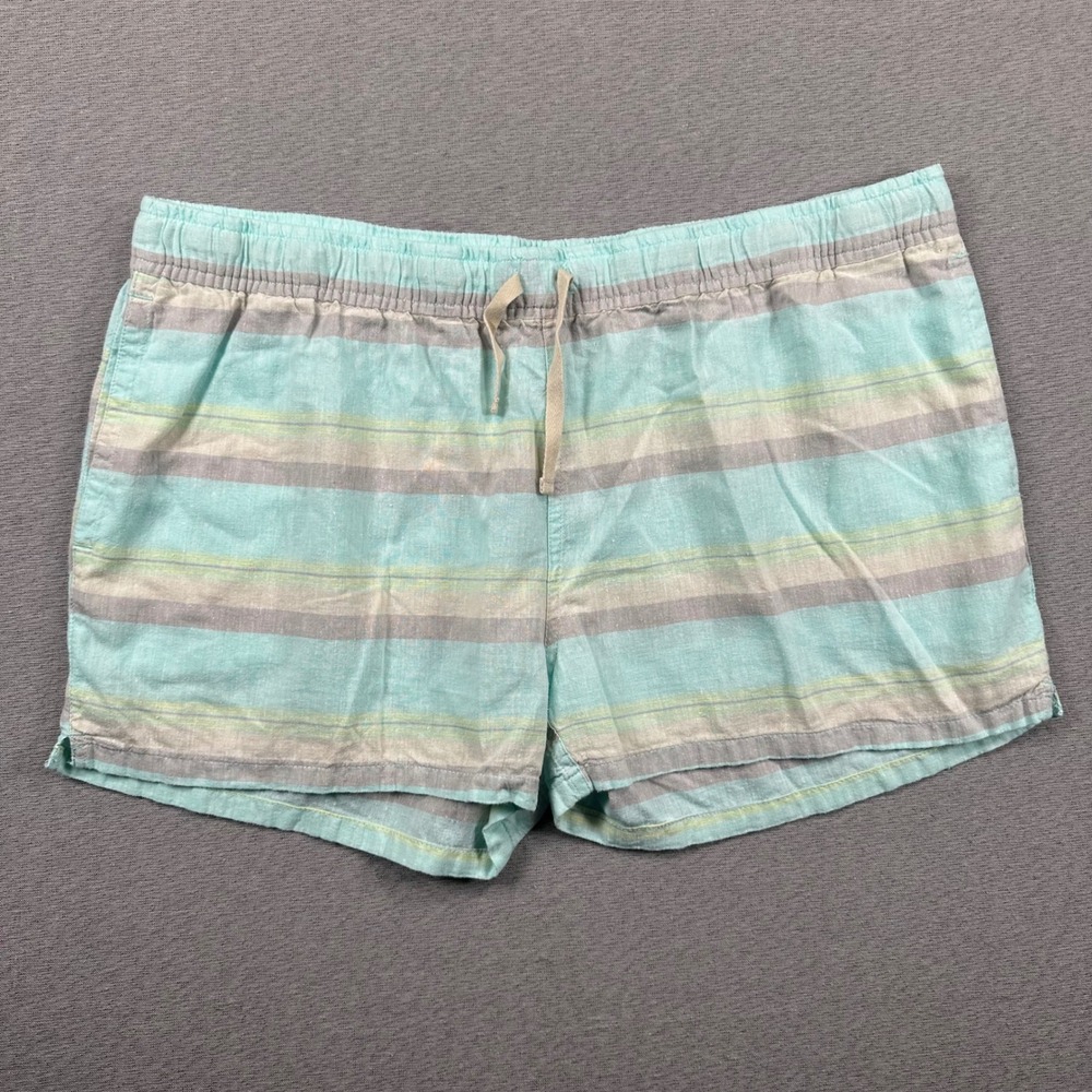 Patagonia Island Hemp Beach Shorts Womans L Teal Grey Striped Baggies STY57030